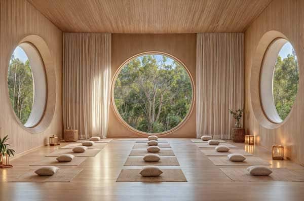 Minimalist yoga studio with circular windows, meditation mats, and serene nature view, enhancing tranquility and focus.