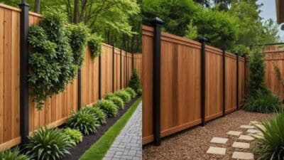 Wooden fence with lush green plants along a paved path and mulch pathway, contrasting nature and design.