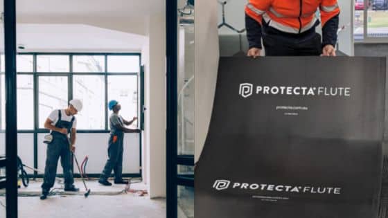 What Is Coreflute and Why Is It Essential for Construction Construction workers installing windows next to a Protecta®Flute protective sheet for safety and efficiency. | Sky Rye Design Construction workers installing windows next to a Protecta®Flute protective sheet for safety and efficiency.