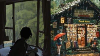 A person reading by a rainy window; another with an umbrella outside a cozy, rain-soaked bookstore.