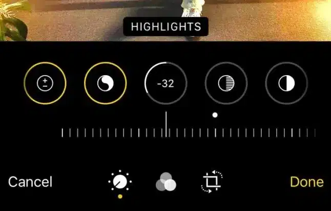 Photo editing app interface showing highlight adjustment set to -32.