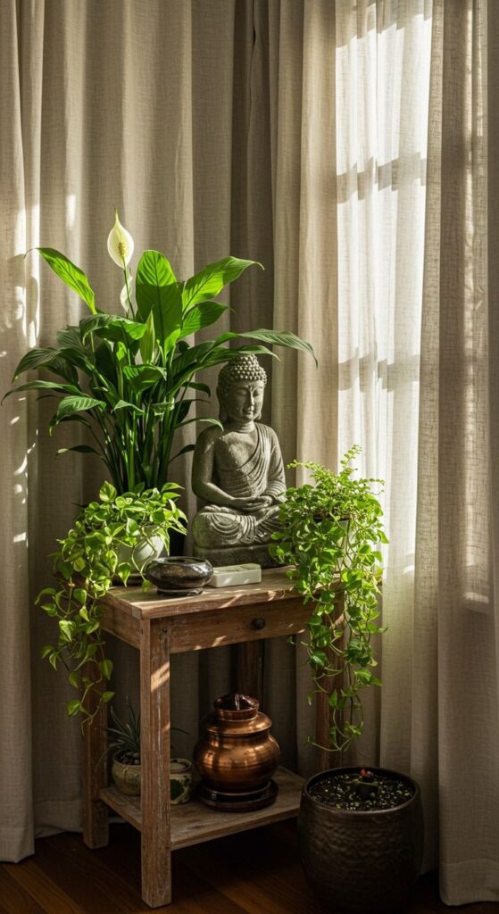 Peaceful interior with Buddha statue, lush green plants on wooden table, and natural light through curtains.