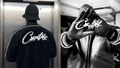 Person wearing black attire with Corteiz logo on jacket and gloves, creating a stylish urban fashion look.