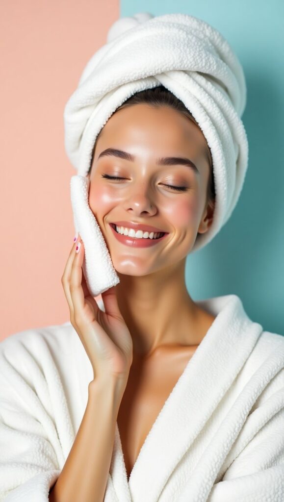 Smiling woman in bathrobe and towel, enjoying skincare routine with a soft towel against pastel background.