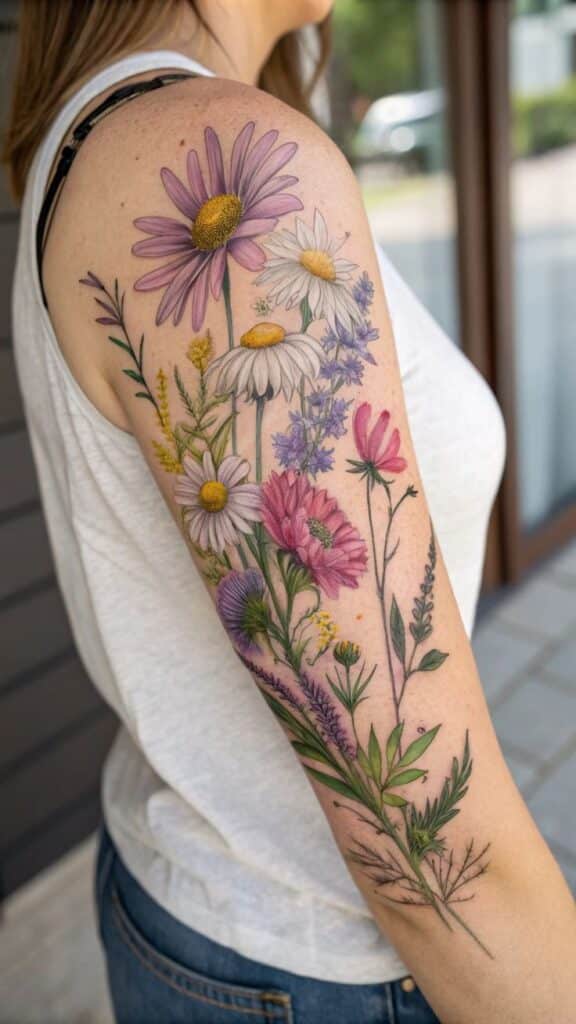 Colorful wildflower tattoo sleeve on a woman's arm, featuring daisies and various flowers in vibrant detail.