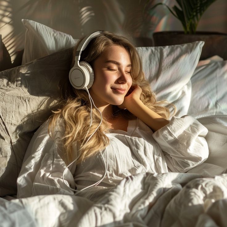 Woman relaxing in bed with headphones, enjoying music and sunlight. Cozy morning vibes in a serene bedroom setting.