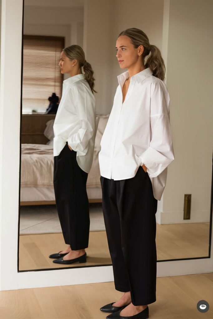 Woman in oversized white shirt and black pants stands confidently by a mirror in a minimalistic bedroom.