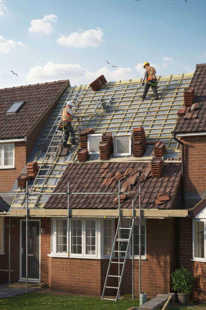 Construction workers installing roof tiles on a house under blue sky.