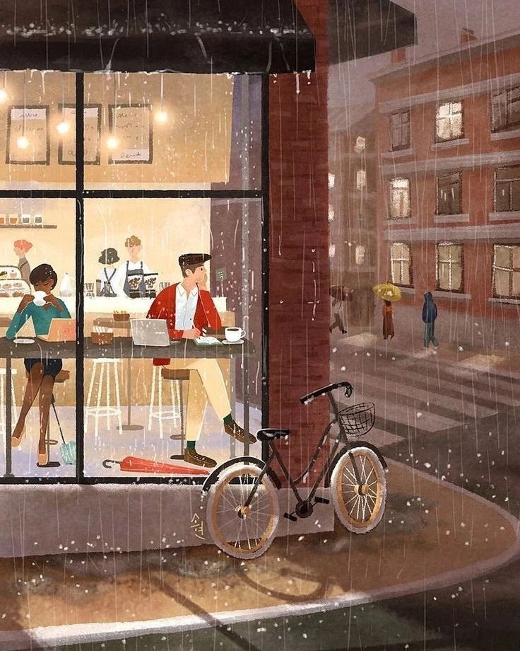 Cozy café scene with people inside, enjoying coffee and working on laptops, while rain falls outside on a city street.