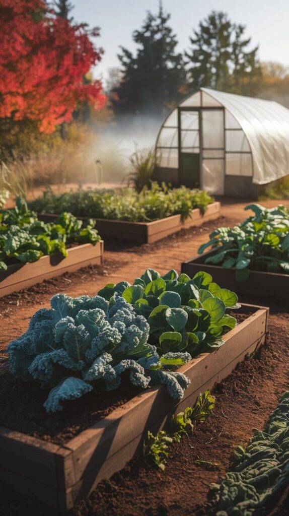 Vegetable garden beds with kale and brussels sprouts beside a greenhouse in a sunny autumn setting.