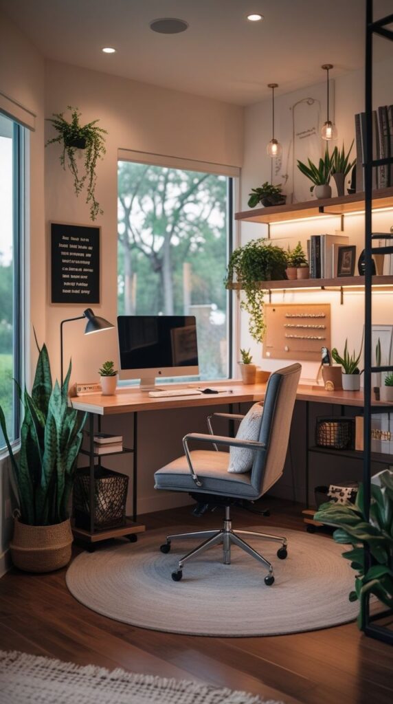 a01aac16f8341b27aa52010902468eb7 Modern home office with cozy decor, featuring plants, a computer, ergonomic chair, and warm lighting near a window. | Sky Rye Design Modern home office with cozy decor, featuring plants, a computer, ergonomic chair, and warm lighting near a window.