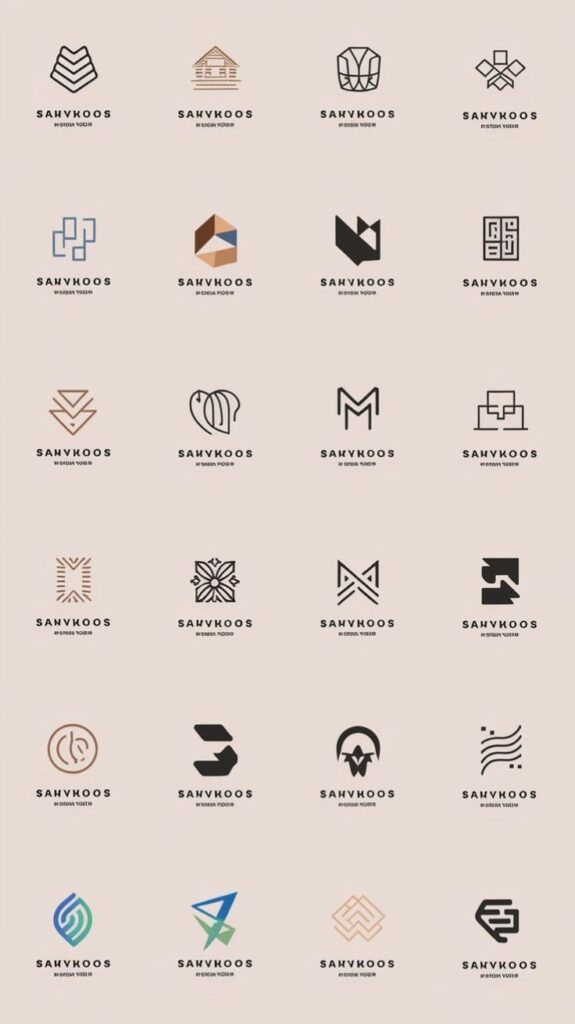Grid of diverse SAVVKOOS logos with abstract and geometric designs on a beige background.