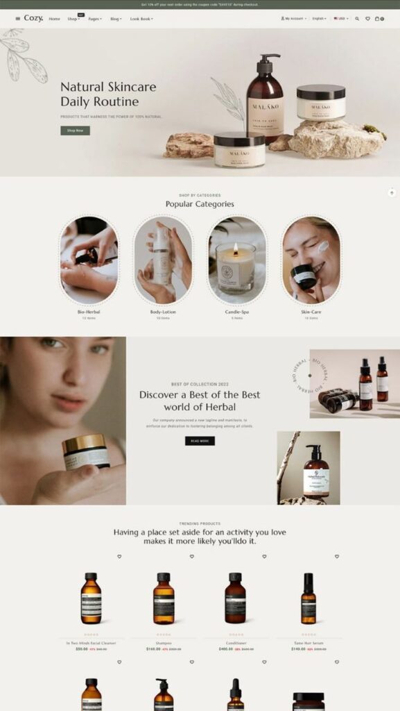 Natural skincare products and categories showcased in a modern web design, featuring creams, lotions, and serums.