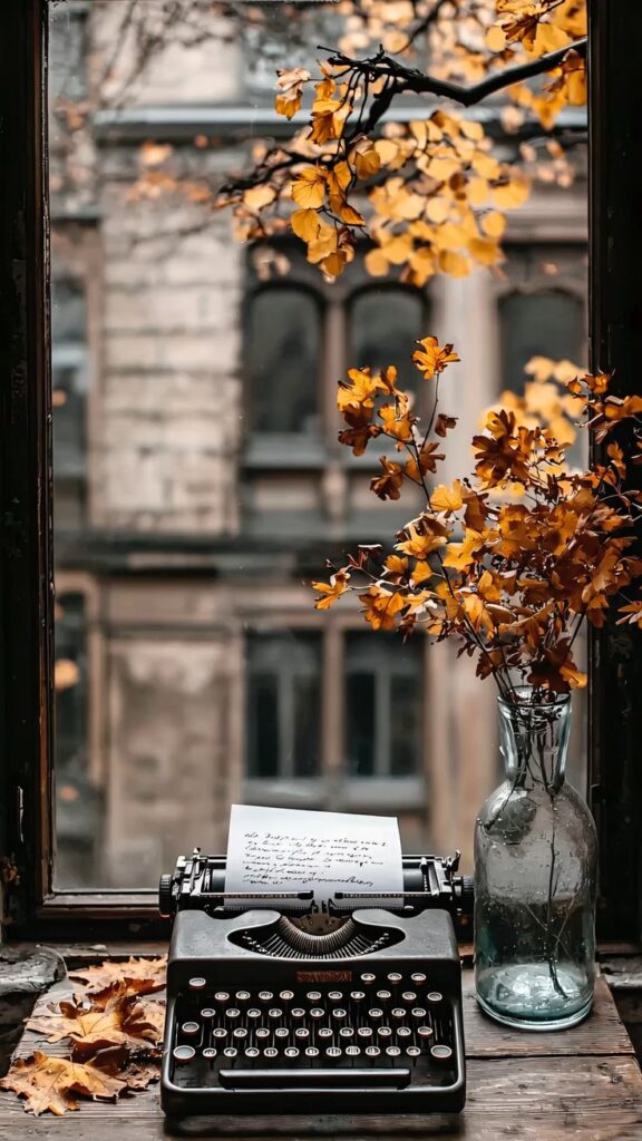 Vintage typewriter with paper, autumn leaves, and vase on windowsill against rustic urban backdrop. Cozy fall writing scene.