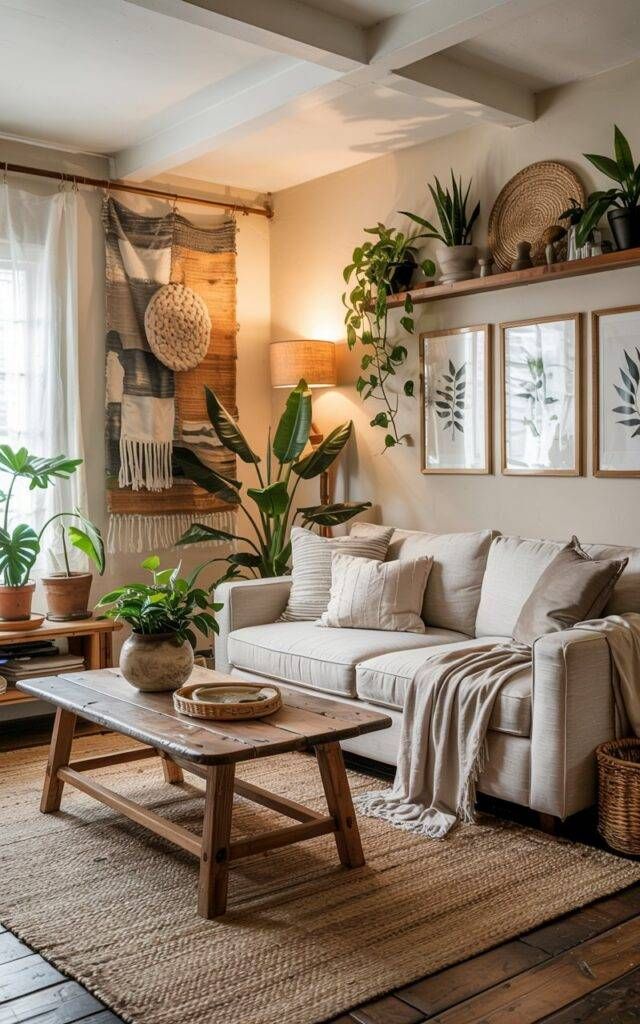 Cozy living room with plants, beige sofa, wooden coffee table, woven wall art, and framed leaf prints on the wall.