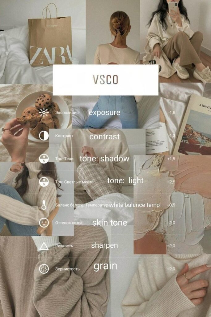 Trendy aesthetic collage with VSCO editing settings overlay, featuring fashion, cookies, and design elements.