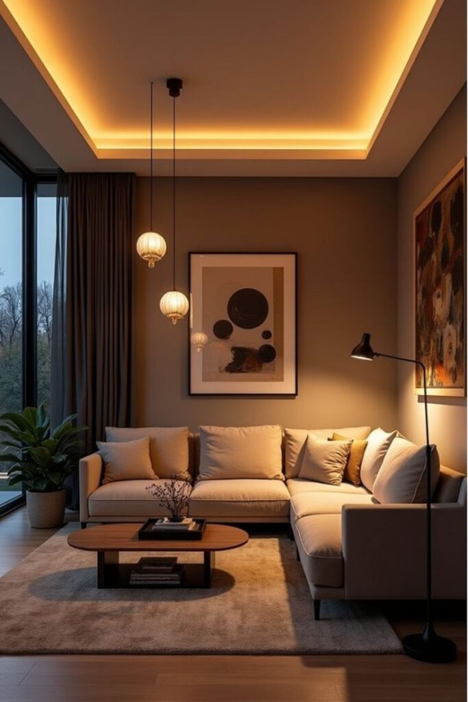 Modern living room with cozy beige sofa, ambient lighting, and elegant decor. Ideal for relaxing and stylish interiors.