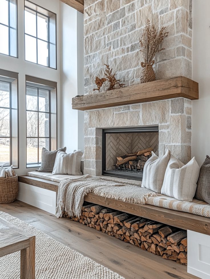 a35f08cf47a7a714cfc29d064193d256 Cozy living room with a stone fireplace, wood mantel, and soft pillows on a wooden bench. | Sky Rye Design Cozy living room with a stone fireplace, wood mantel, and soft pillows on a wooden bench.