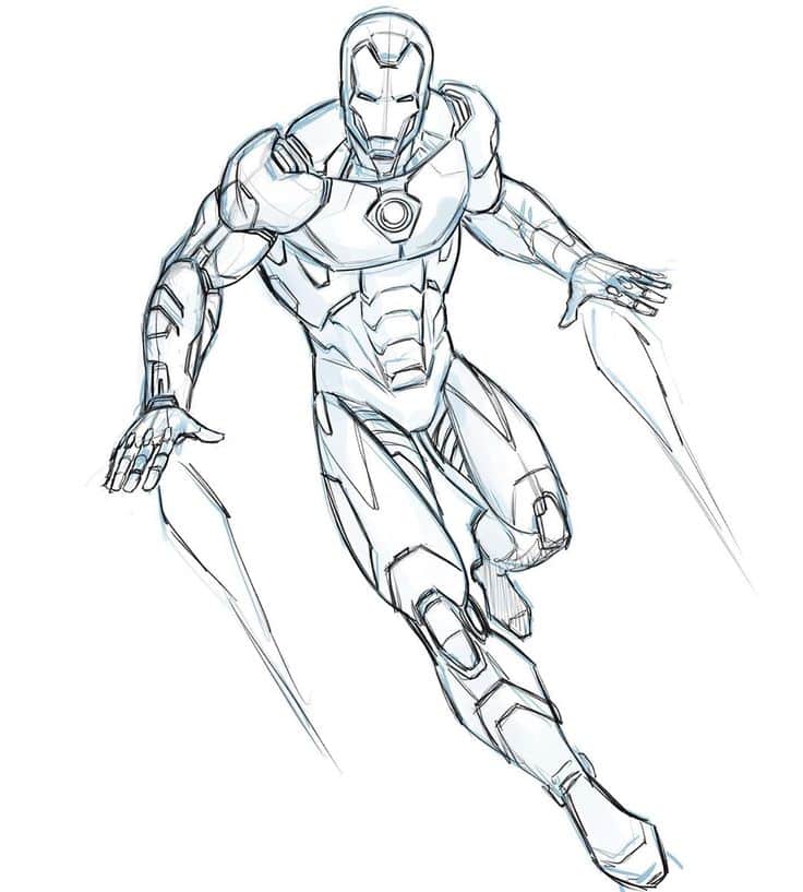 Stylized sketch of a superhero in a high-tech suit flying forward, exuding dynamic motion and futuristic design.