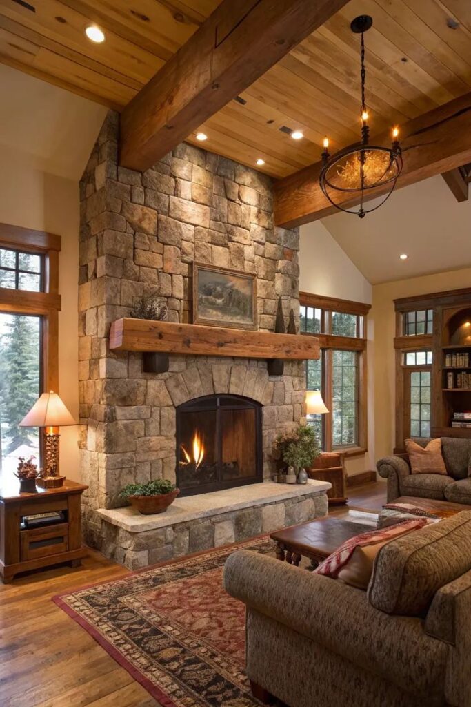 Cozy rustic living room with stone fireplace, wooden ceiling beams, and warm lighting.