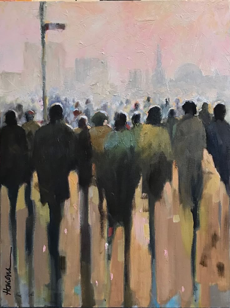 Impressionist painting of people walking away, with a hazy city skyline in the background.