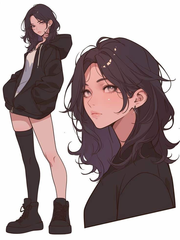 Anime girl with dark hair in a hoodie and thigh-high socks, showcasing a stylish and edgy look.