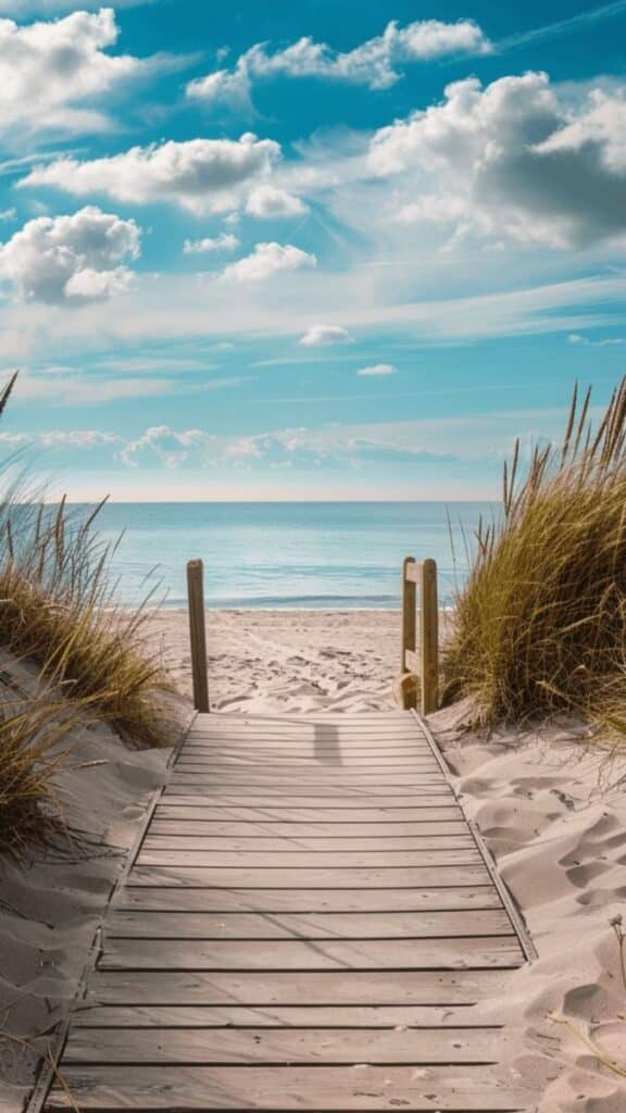Wooden boardwalk leading to serene beach with blue sky and fluffy clouds.