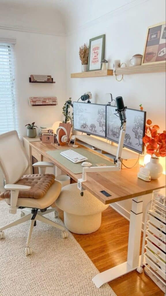 aada009ce06a98f59fdcc8c19f8fa583 Modern home office setup with dual monitors, ergonomic chair, wooden desk, and stylish decor for productivity and comfort. | Sky Rye Design Modern home office setup with dual monitors, ergonomic chair, wooden desk, and stylish decor for productivity and comfort.