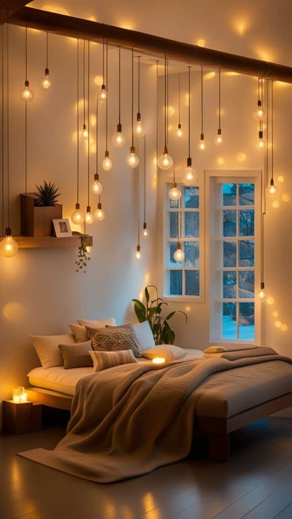 Cozy bedroom with hanging Edison bulbs, plush bedding, and warm lighting creating a relaxing ambiance.
