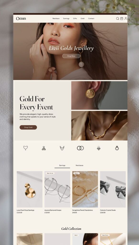 Elegant jewelry collection website showcasing gold and silver earrings, necklaces, and stylish accessories.