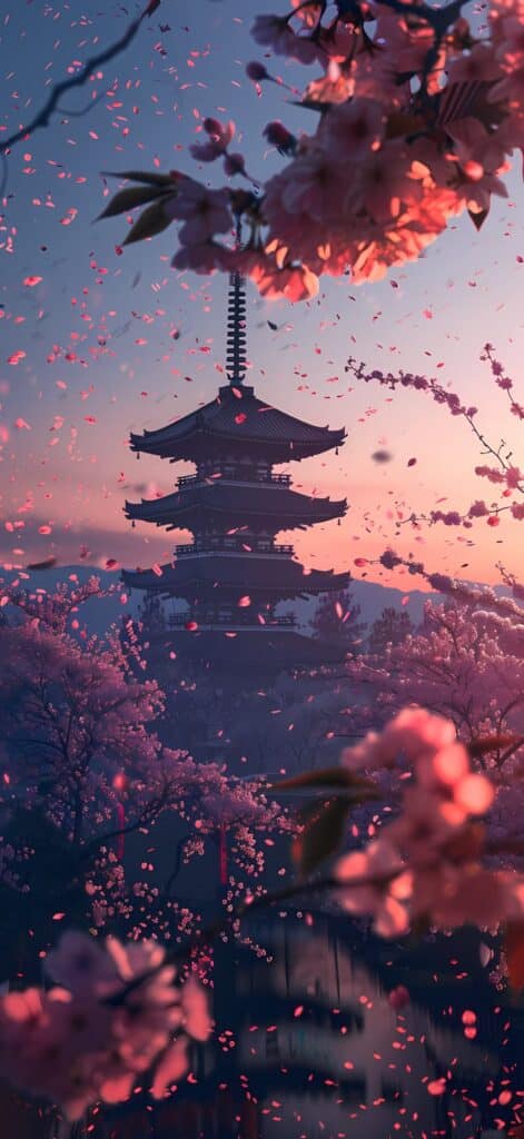 ac4d938a6b3f44bce75b38b15c06f367 Pagoda surrounded by cherry blossoms during sunset, with pink petals in the air, creating a serene Japanese spring scene. | Sky Rye Design Pagoda surrounded by cherry blossoms during sunset, with pink petals in the air, creating a serene Japanese spring scene.