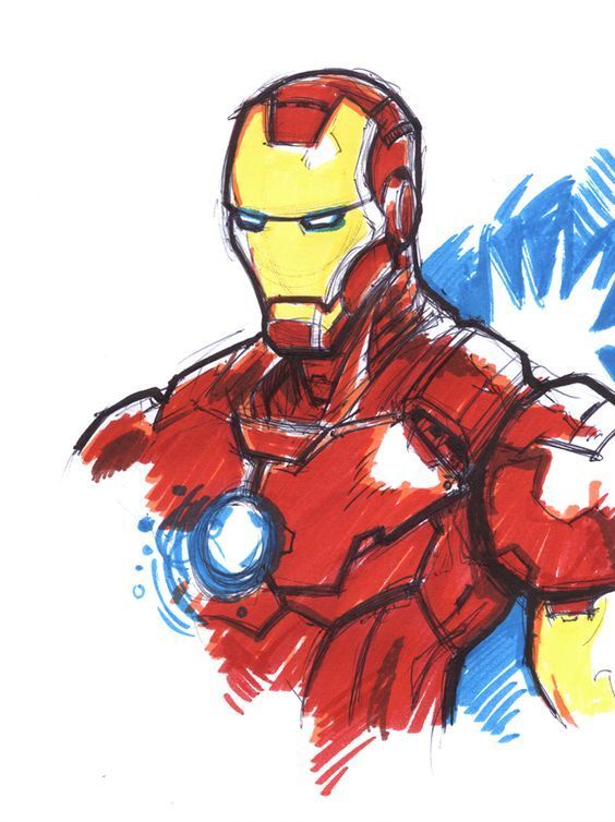Colorful sketch of a red and gold armored superhero with an energy core, looking to the side against a white background.
