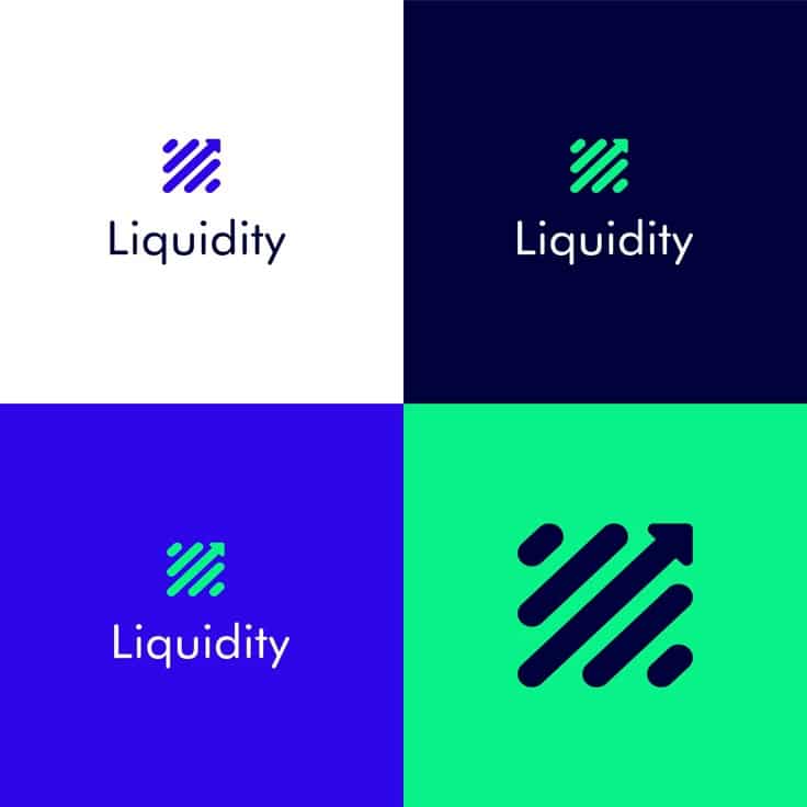Liquidity logo design in four color variations with upward arrow and stripe elements in modern style.