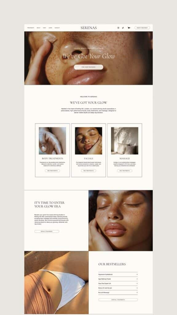 ad491a0c063672a98371c5acb6affadf Serena's spa landing page showcasing beauty treatments and glowing skincare services. | Sky Rye Design Serena's spa landing page showcasing beauty treatments and glowing skincare services.