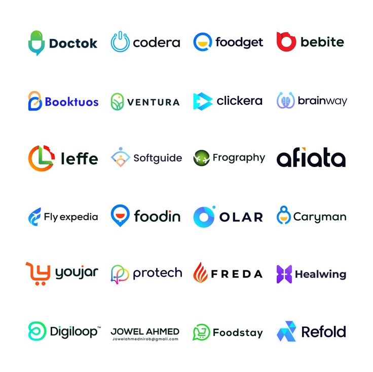Collage of colorful modern logos for various tech and food brands, including Doctok, Codera, Foodget, and more.
