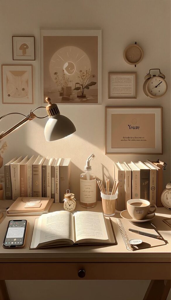 Cozy study desk with books, open notebook, coffee, and warm lighting, creating a productive and inviting workspace ambiance.