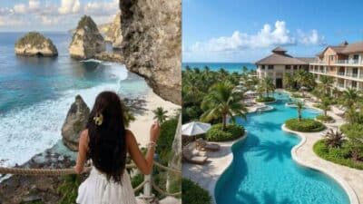 Woman enjoying scenic ocean view and luxury resort poolside in paradise, surrounded by nature and tropical beauty.