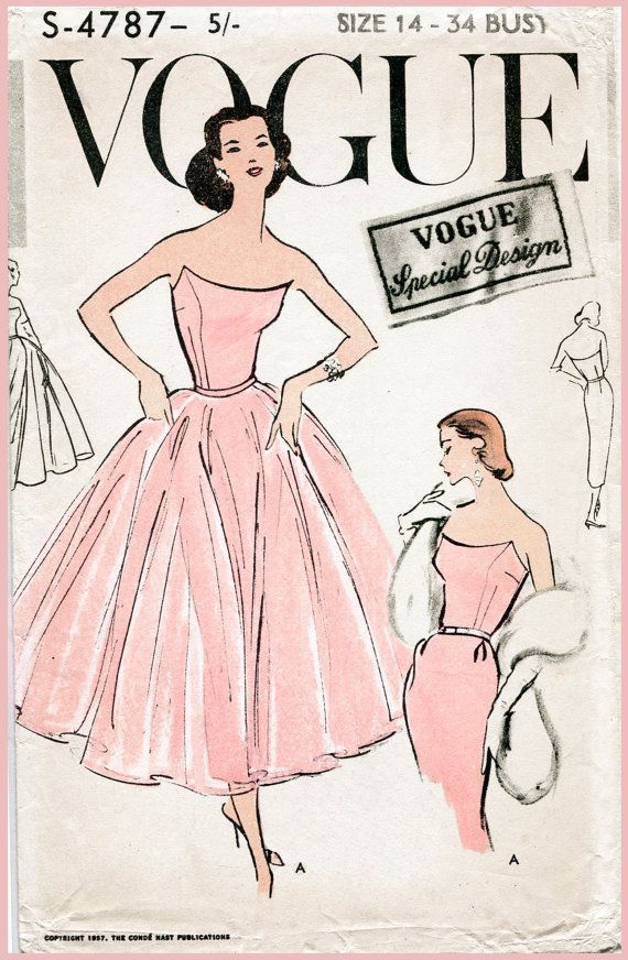 Vintage Vogue pattern cover, showcasing elegant 1950s pink dresses, perfect for sewing enthusiasts and retro fashion lovers.