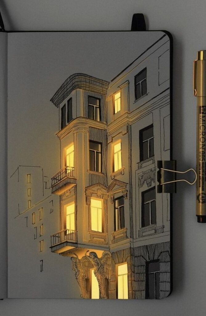 afacf2284948e0d97906816ae17731af Illuminated architectural drawing in a notebook with a pen, showcasing a detailed building facade at night. | Sky Rye Design Illuminated architectural drawing in a notebook with a pen, showcasing a detailed building facade at night.