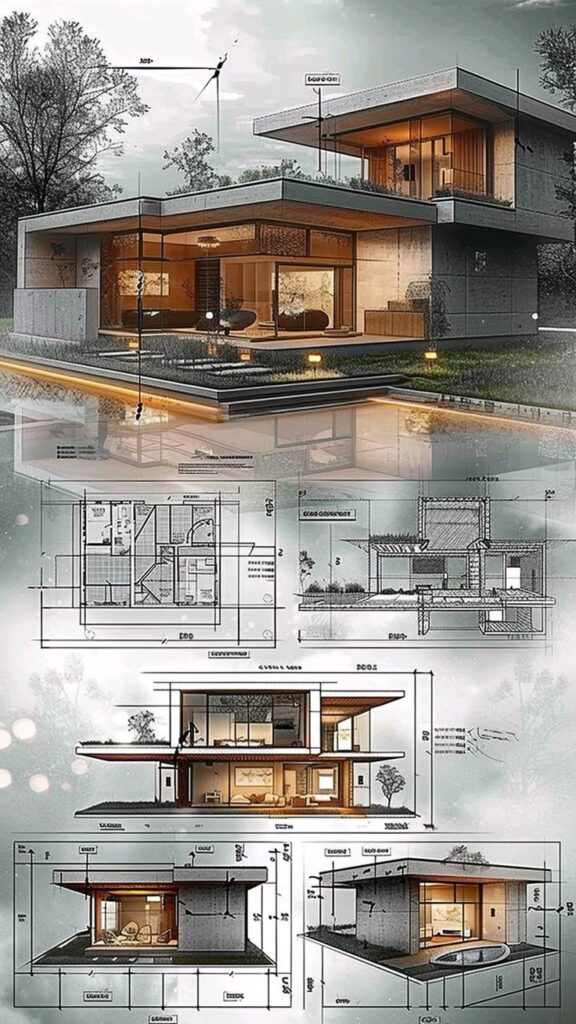 Modern home design with architectural blueprints and 3D visualization, featuring sleek lines and spacious interiors.