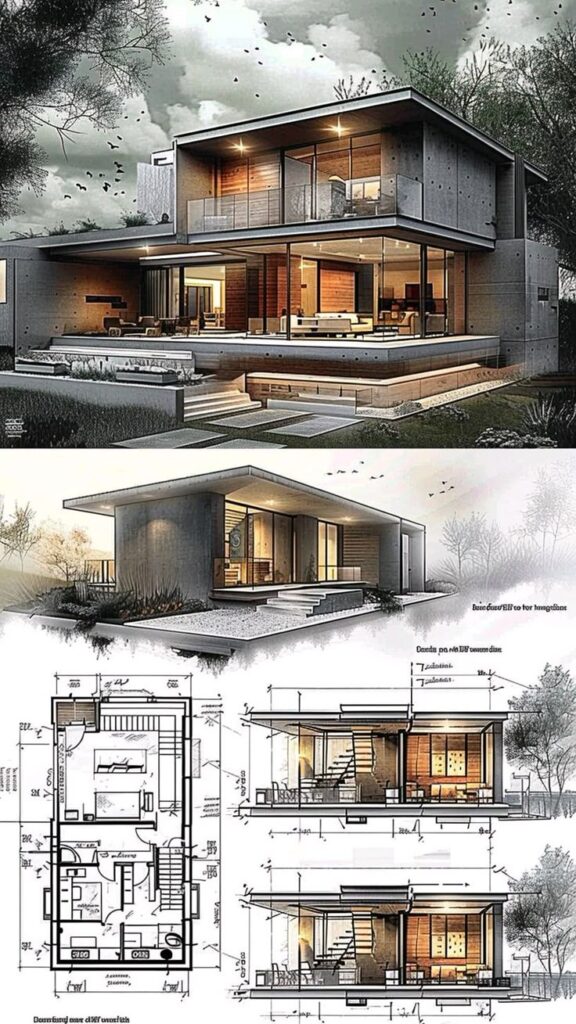 Modern two-story house design with floor plans and architectural drawings, showcasing contemporary architecture.
