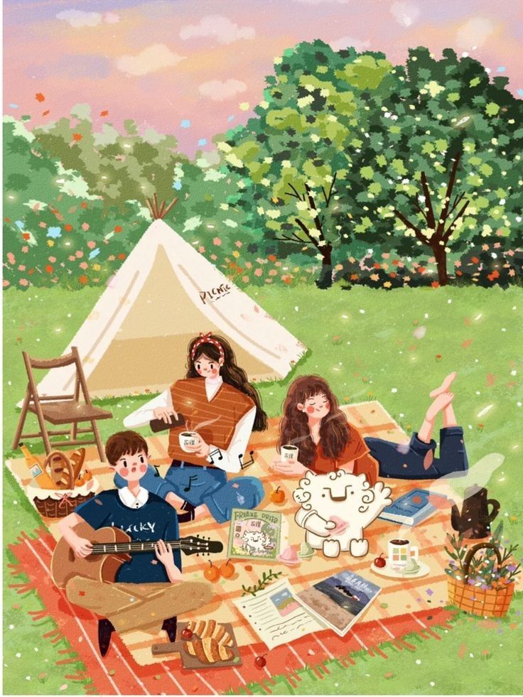 Illustrated picnic scene with friends, guitar, drinks, and books on a blanket beside a tent in a lush, colorful garden.