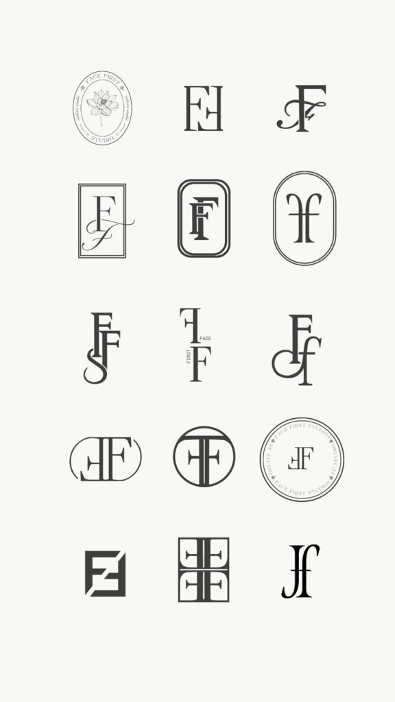 Collection of logo designs featuring stylized FF initials in various fonts and decorative elements.