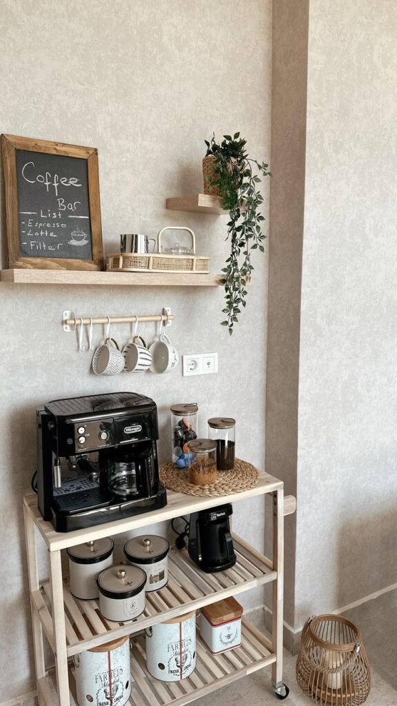 Home coffee bar setup with espresso machine, mugs, and decor on wooden shelves, creating a cozy kitchen corner.