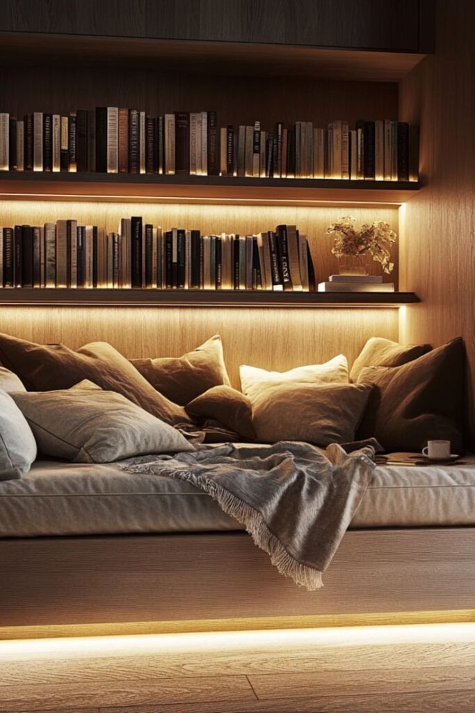 Cozy reading nook with pillows, blanket, wooden shelves, and books illuminated by warm lighting.