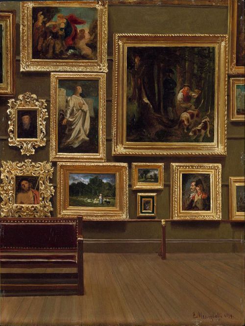b2e6e235-c8a5-4262-bc95-1f35104c107b Gallery wall with framed paintings and a wooden bench in a museum setting, showcasing diverse art styles. | Sky Rye Design Gallery wall with framed paintings and a wooden bench in a museum setting, showcasing diverse art styles.