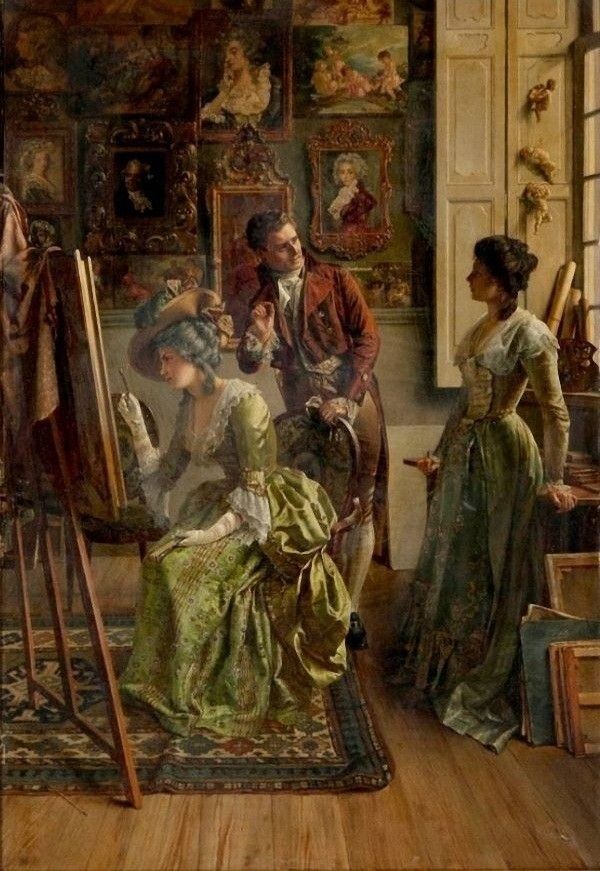 Three people in an art studio, woman painting, man observing, another woman standing, with classic portraits on walls.