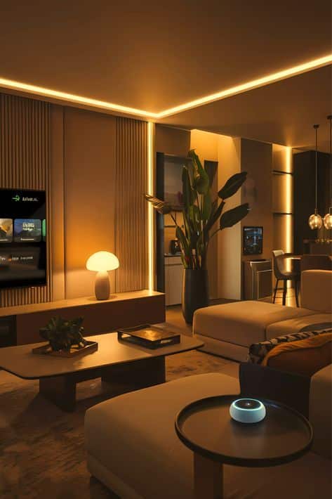 Modern living room with ambient lighting, smart home device, TV, and contemporary decor. Cozy and stylish interior design.