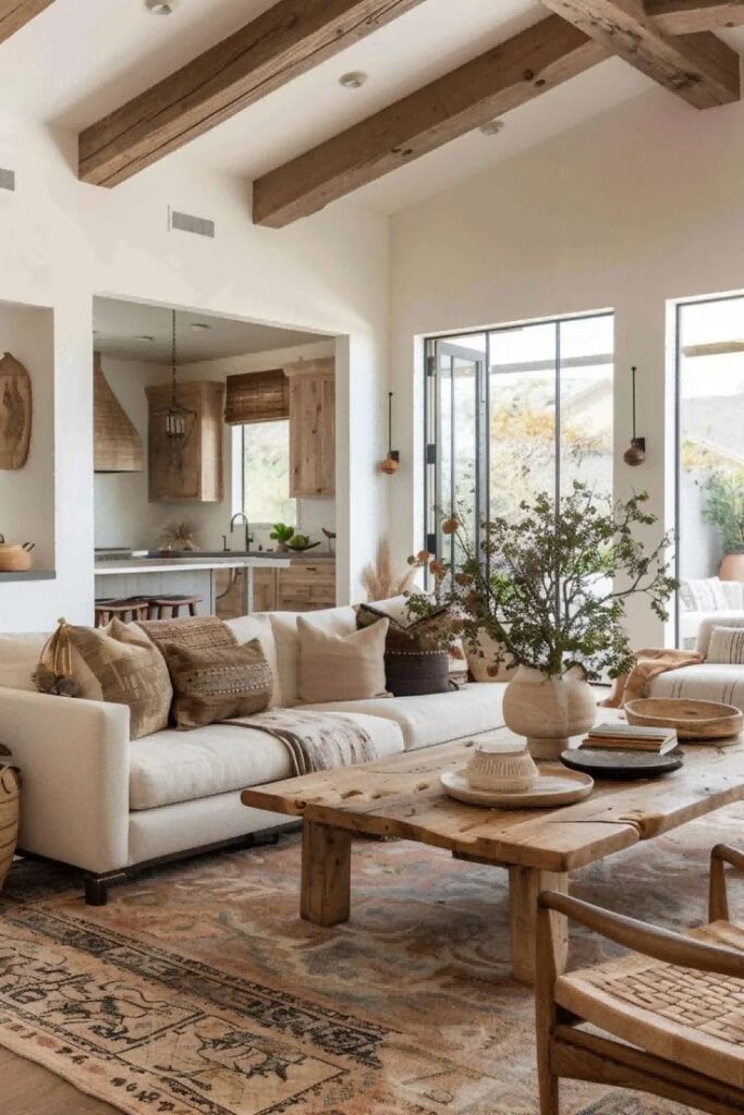 Cozy living room with rustic decor, wooden beams, and neutral tones. Features a large sofa, wooden table, and open kitchen.