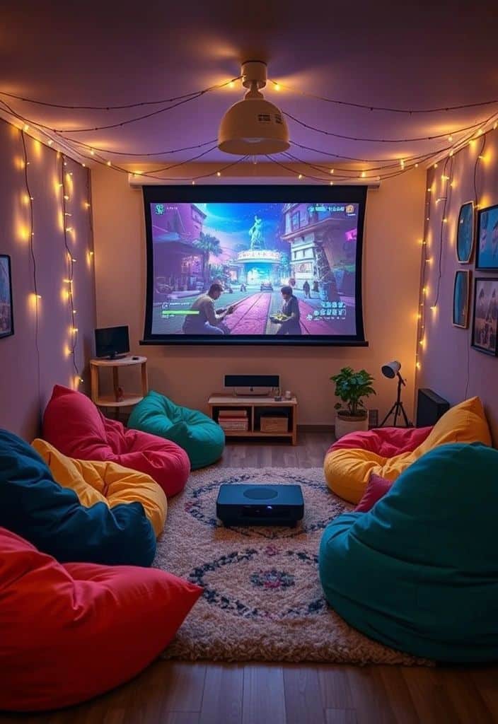 b4a9e7814604be8ba5546f26cb914e8f Cozy home theater setup with bean bags, fairy lights, and a large screen displaying a video game. | Sky Rye Design Cozy home theater setup with bean bags, fairy lights, and a large screen displaying a video game.